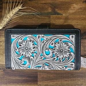 Carved Turquoise Leather Wallet