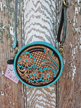 Load image into Gallery viewer, Small Tooled Round Cowhide Bag