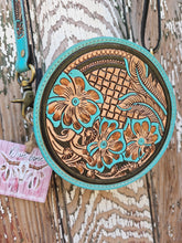 Load image into Gallery viewer, Small Tooled Round Cowhide Bag