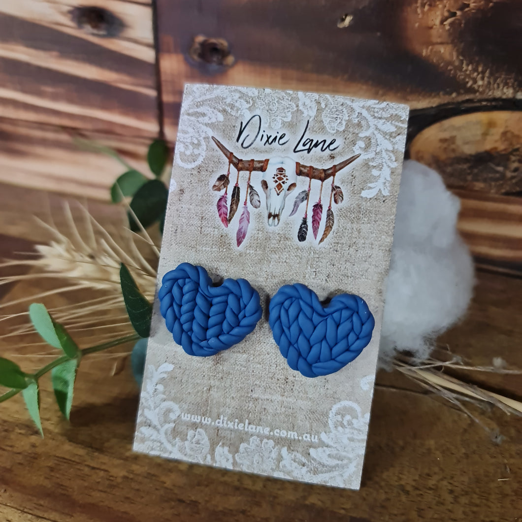 Clay Knit Heart Studs - Blue