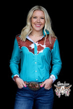 Load image into Gallery viewer, Cowhide & Teal - RANCH DRESS'N Rodeo Performance Shirt