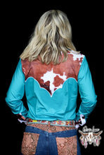 Load image into Gallery viewer, Cowhide &amp; Teal - RANCH DRESS&#39;N Rodeo Performance Shirt
