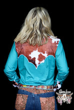 Load image into Gallery viewer, Cowhide & Teal - RANCH DRESS'N Rodeo Performance Shirt
