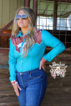 Load image into Gallery viewer, Cowhide & Teal - RANCH DRESS'N Rodeo Performance Shirt