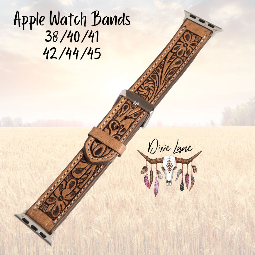 Tooled Leather Apple Watch Band - Brown
