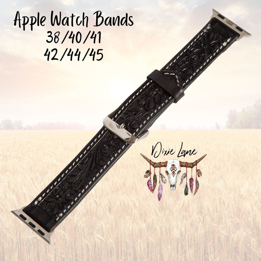 Tooled Leather Apple Watch Band - Black