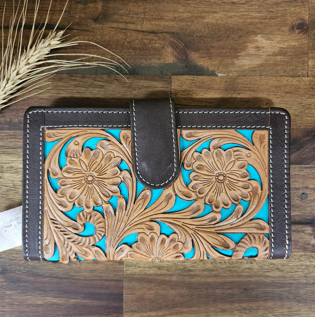 Carved Turquoise Leather Wallet