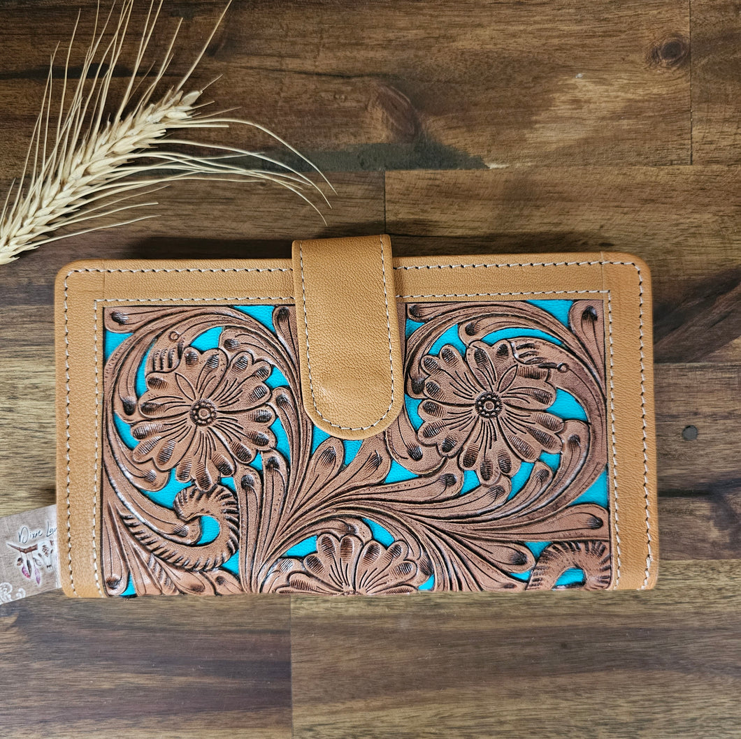 Carved Turquoise Leather Wallet