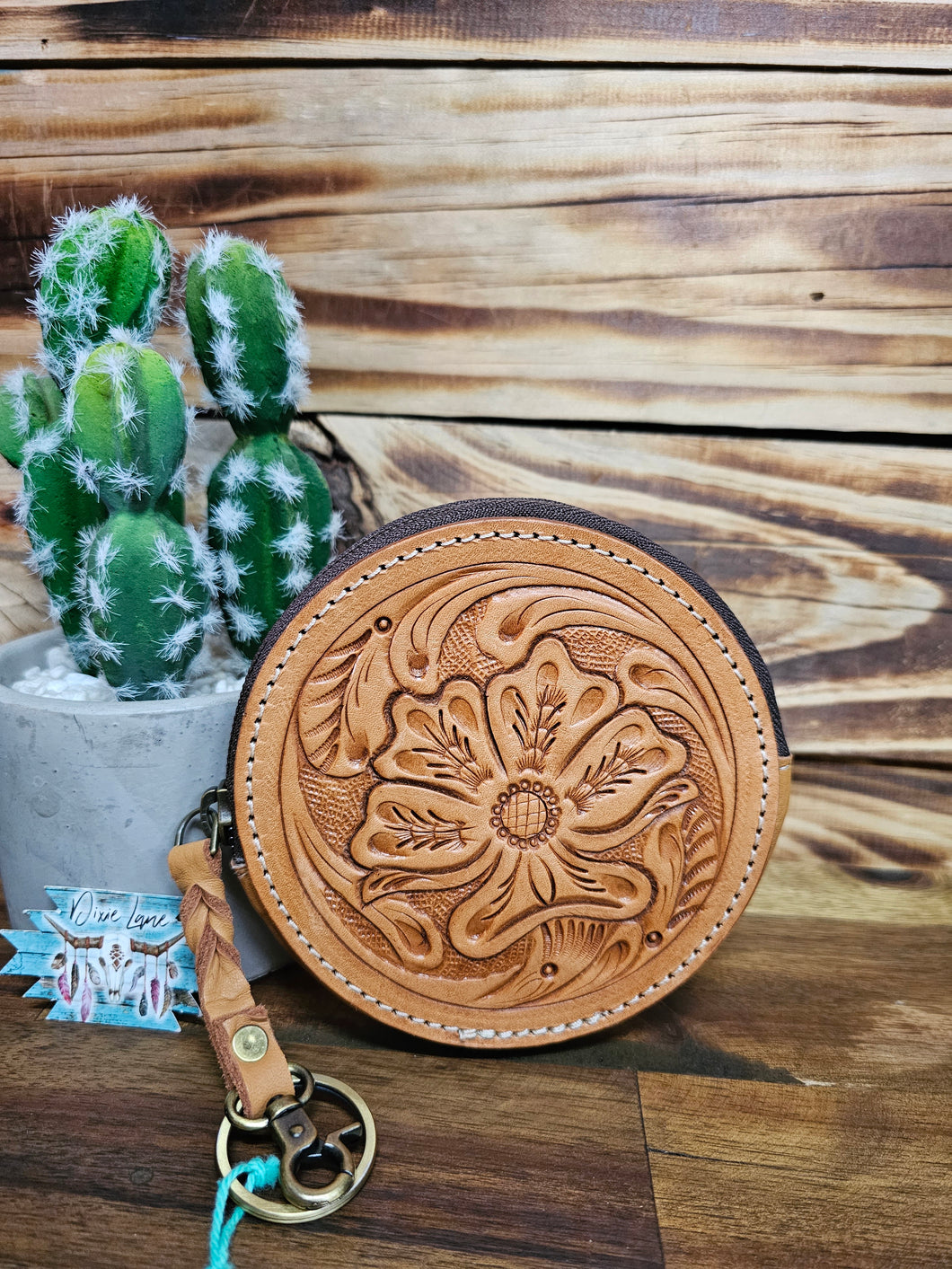 Round Tooled Leather Coin Purse