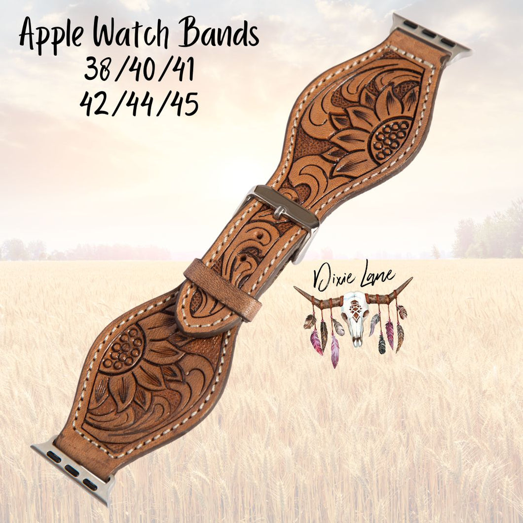Tooled Leather Apple Watch Band - Brown