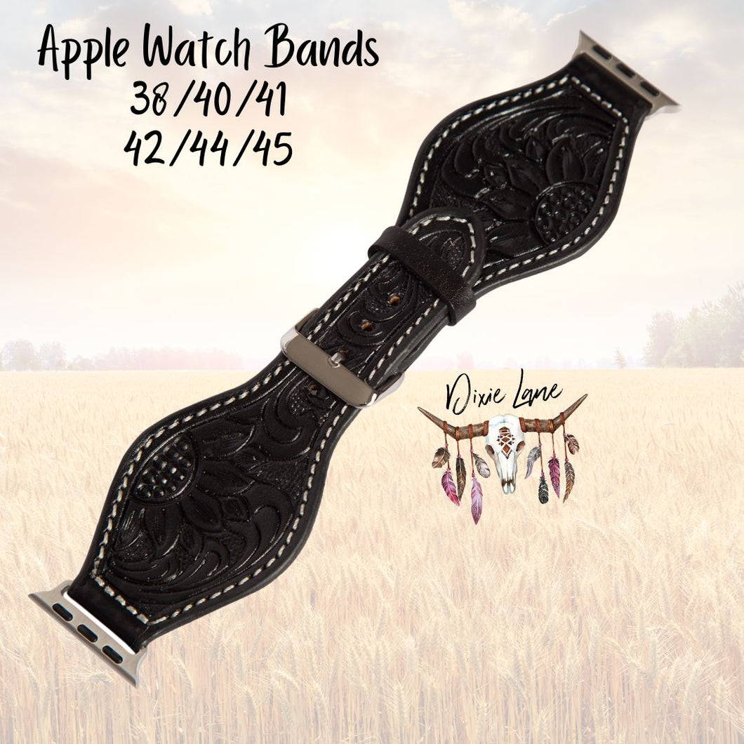 Tooled Leather Apple Watch Band - Black