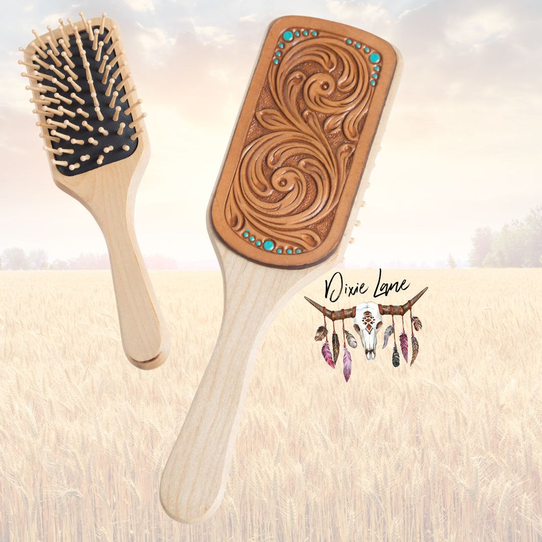 Genuine Leather Hair Brush - Tan