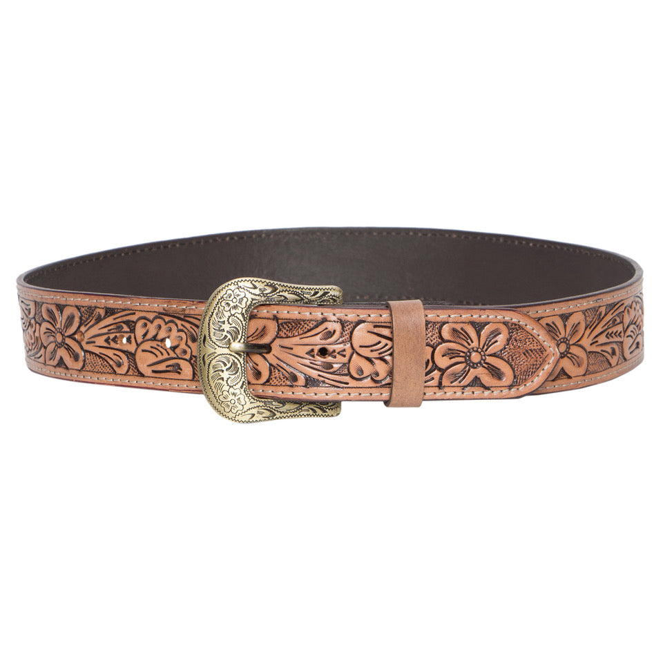 Tooled Leather Belt - Brown