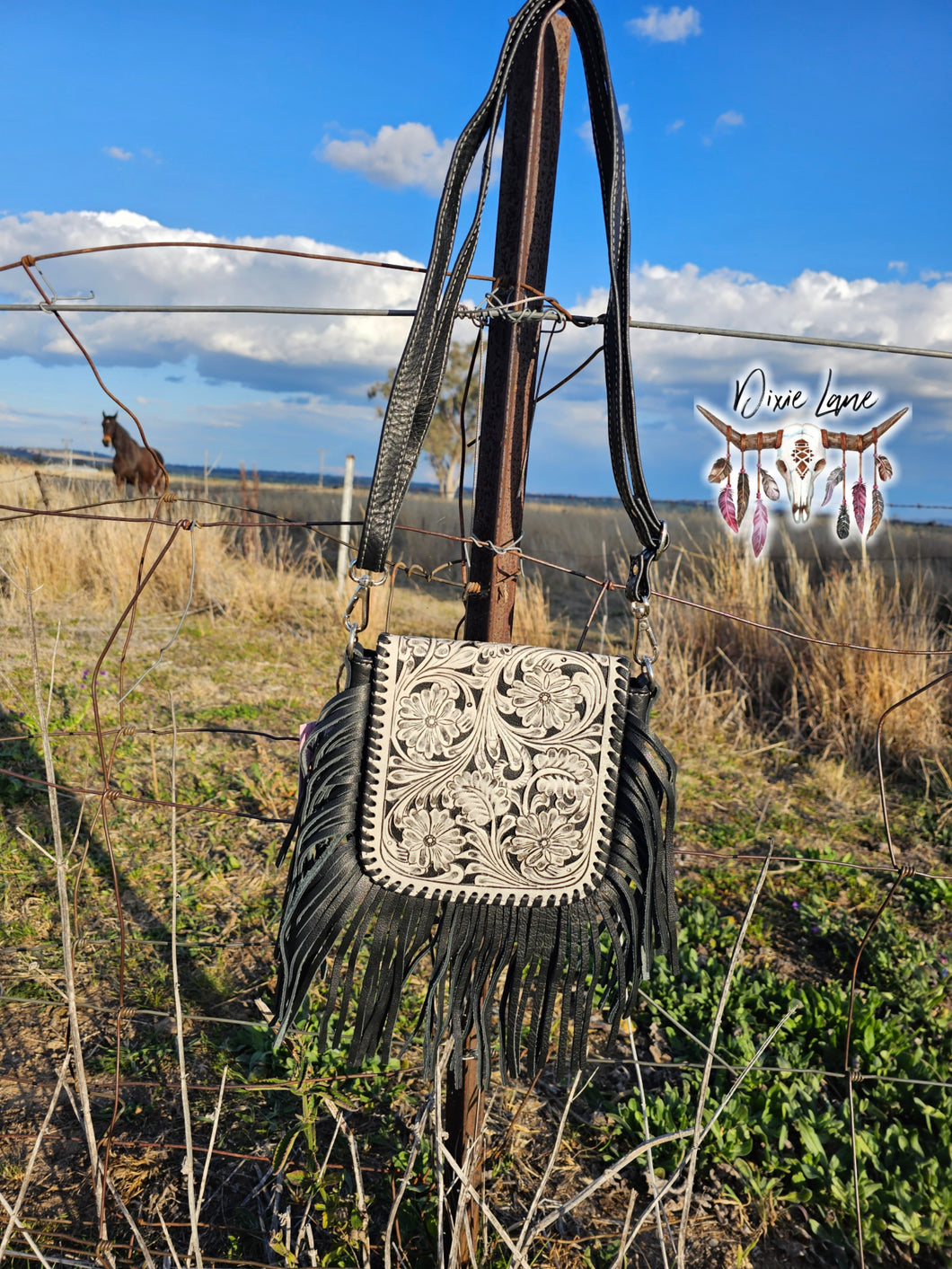 Carved Leather Fringe Crossbody Bag