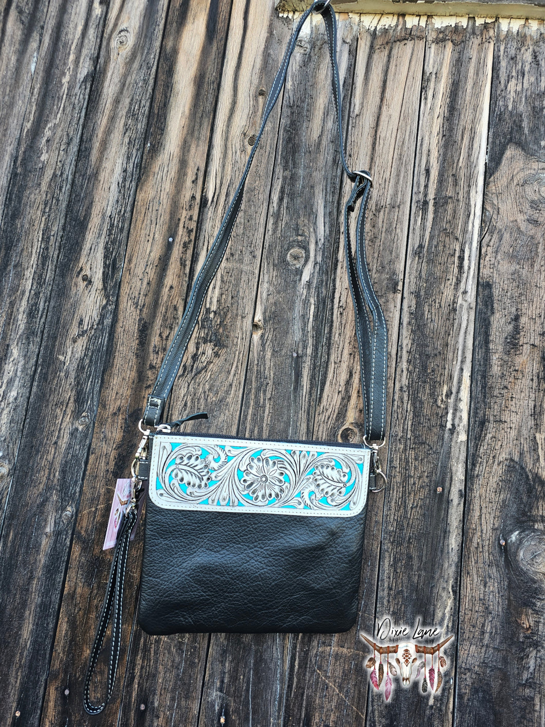 Carved Leather Crossbody Clutch