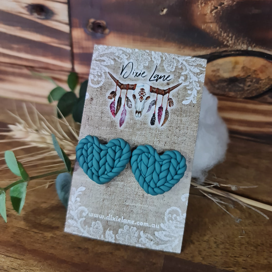 Clay Knit Heart Studs - Teal