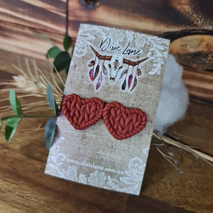 Clay Knit Heart Studs - Brick