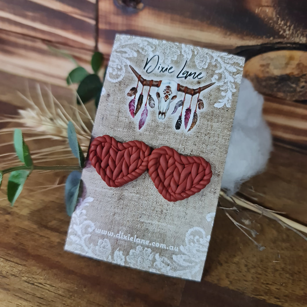 Clay Knit Heart Studs - Brick