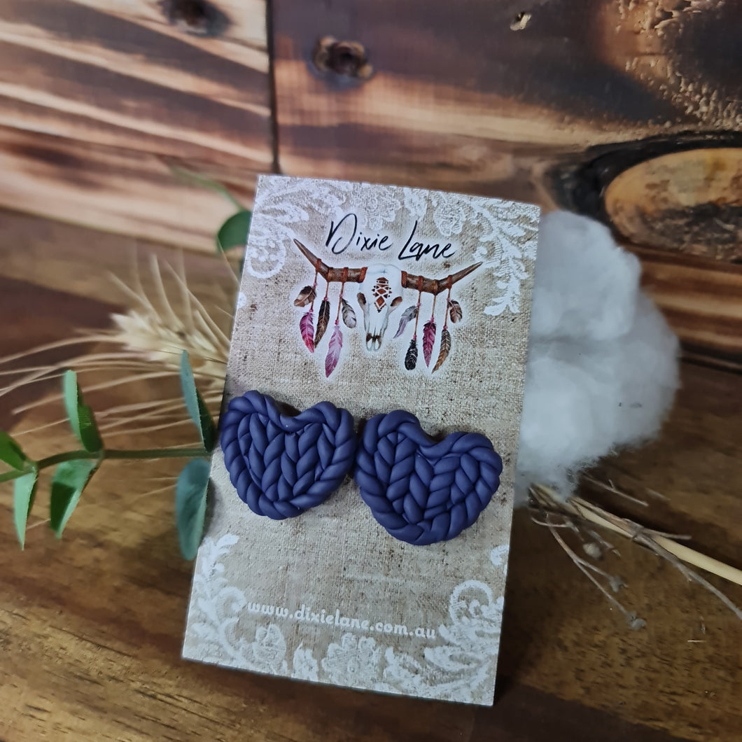 Clay Knit Heart Studs - Indigo