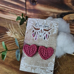 Clay Knit Heart Studs - Berry