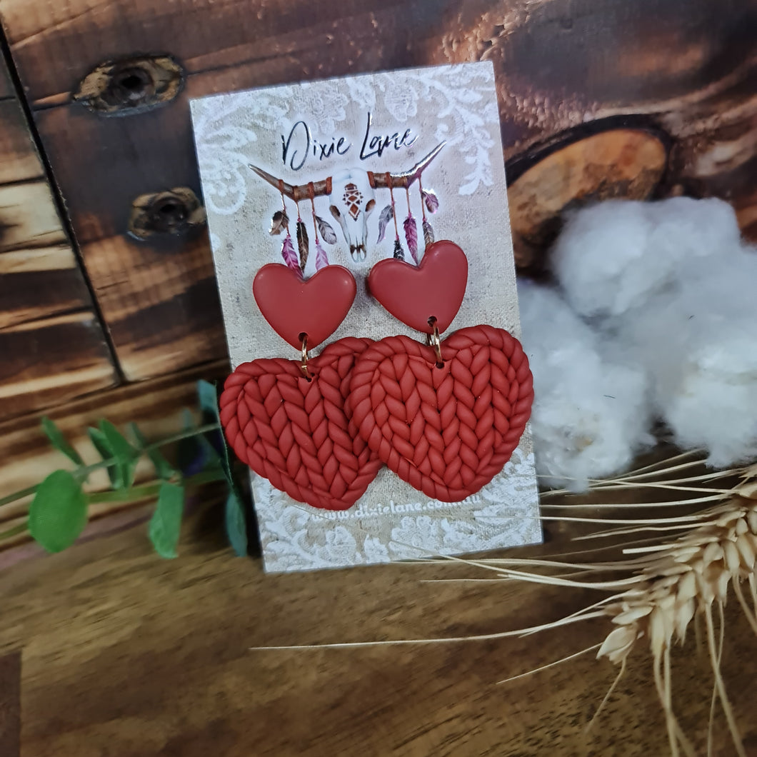Clay Knit Heart Dangles - Brick