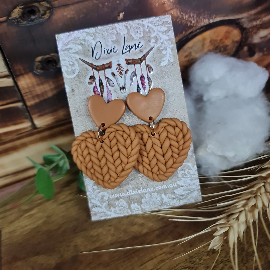 Clay Knit Heart Dangles - Mustard
