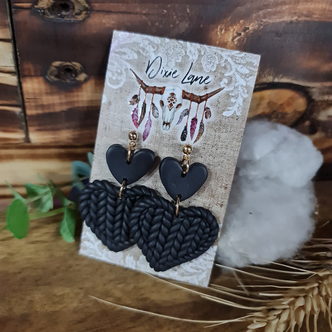 Clay Knit Heart Dangles - Black