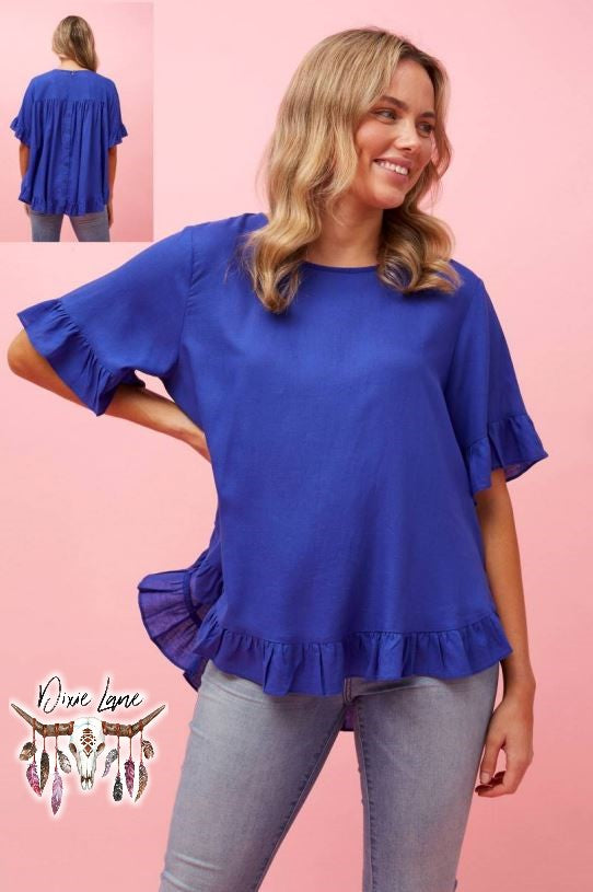 Ava Linen Blend Top - Cobalt Blue